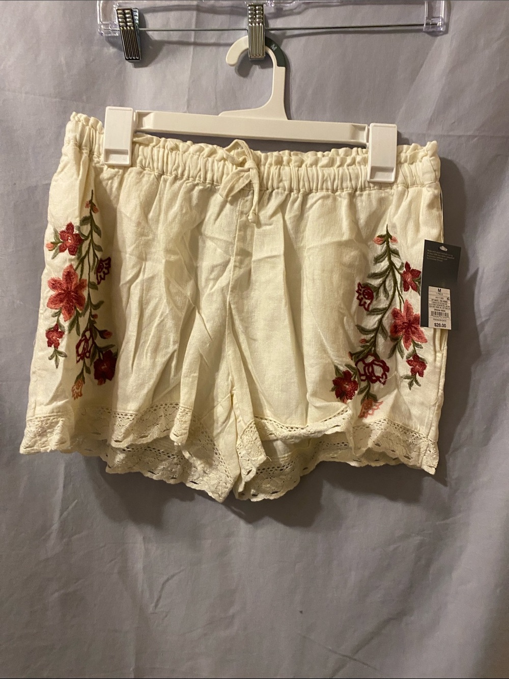 Universal Thread Cream High-Waist Shorts with Red Floral Embroidery